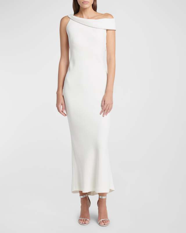 Off-Shoulder Satin Crystal Trim Gown